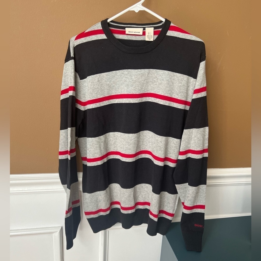 DKNY Men's Sweater with Black, Gray, and Red Stripes Size L